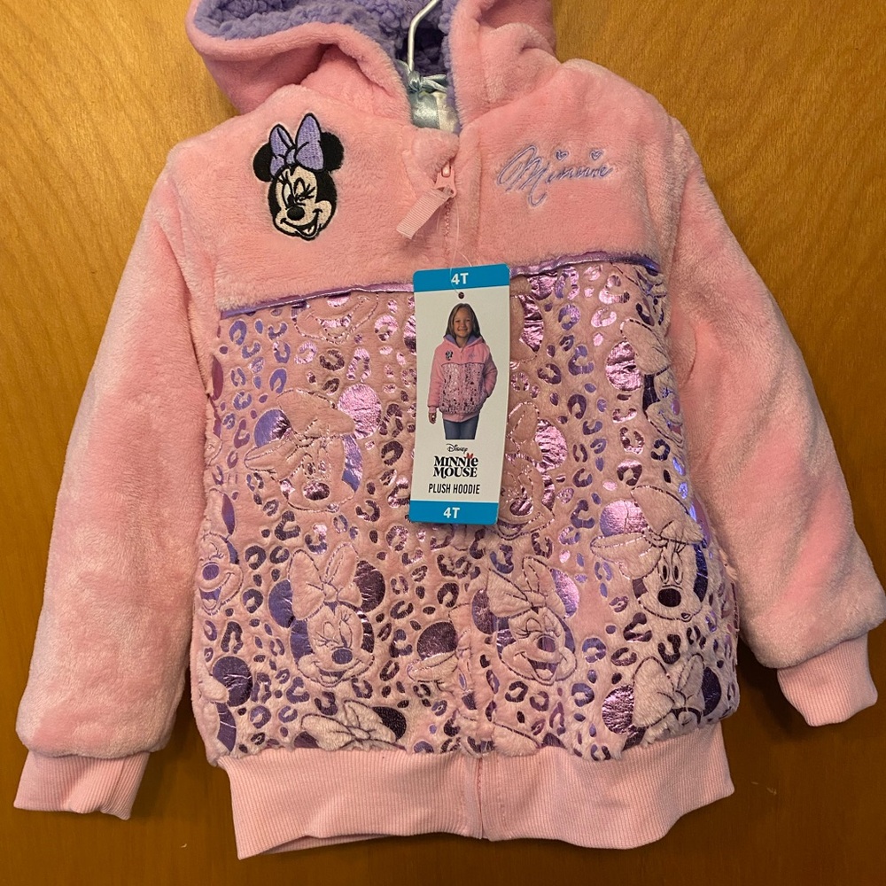 NWT Disney Minnie Mouse Pink & Lavender Fleece Lined, Hooded Jacket 4T